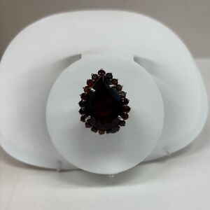 Elegant Teardrop Garnet-Tone Statement Ring in Silver-Tone Setting size 9